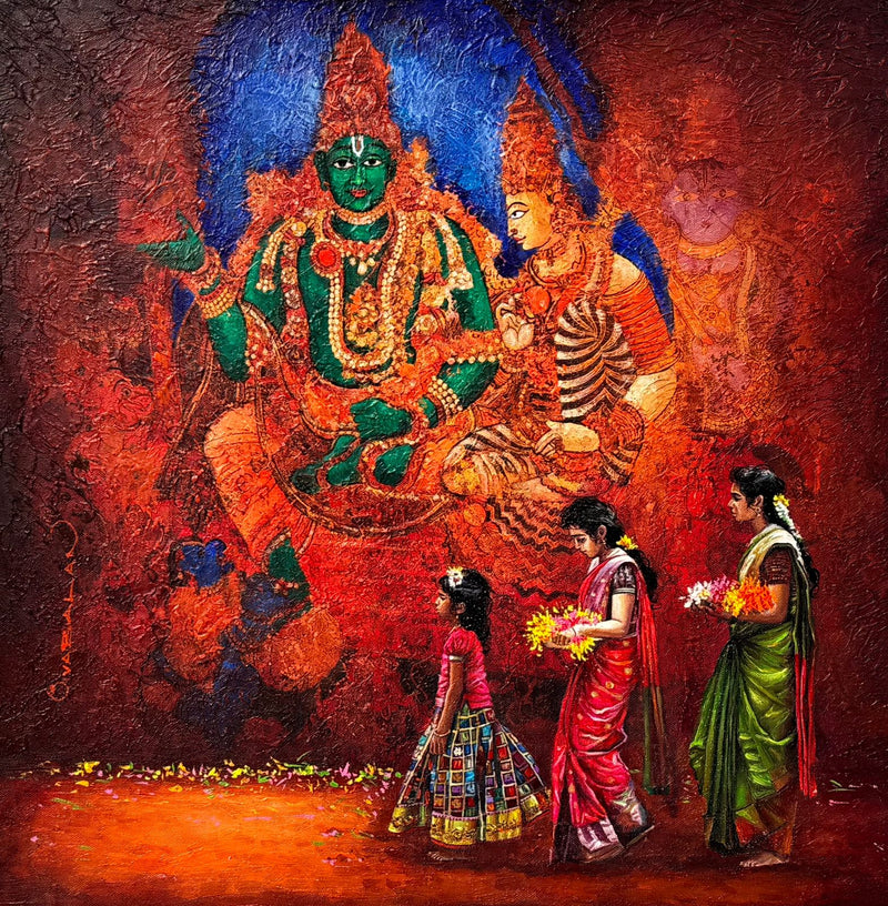 Siva Balan captures a temple scene with young women followers taking flowers for worship. A south indian mural pf a diety forms the vibrant wall backdrop for worshippers.
