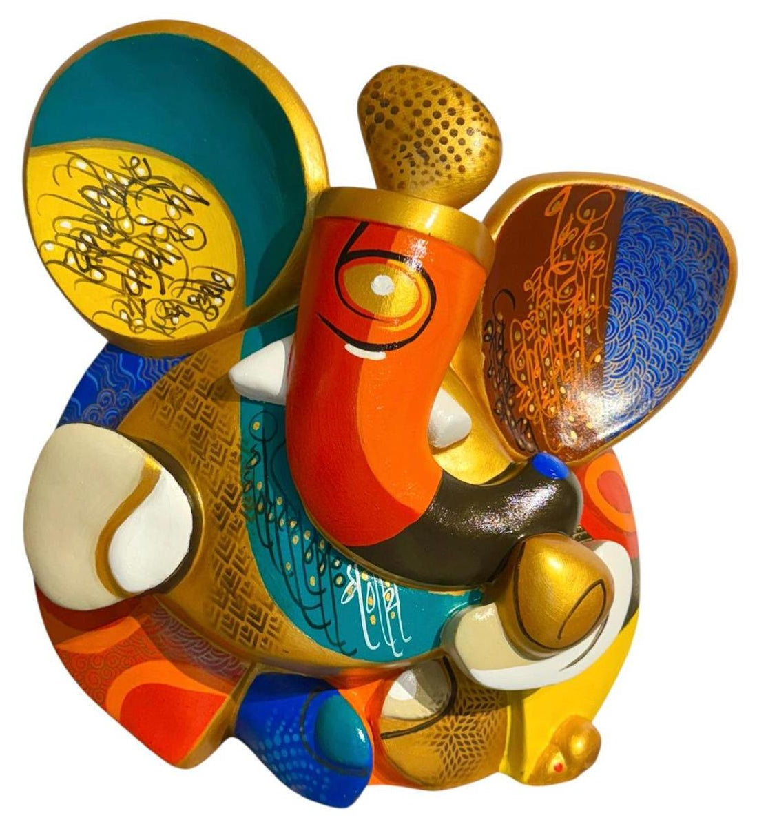 Colorful abstract Gansesha fine art sculpture with sacred text and abstract patterns on body.