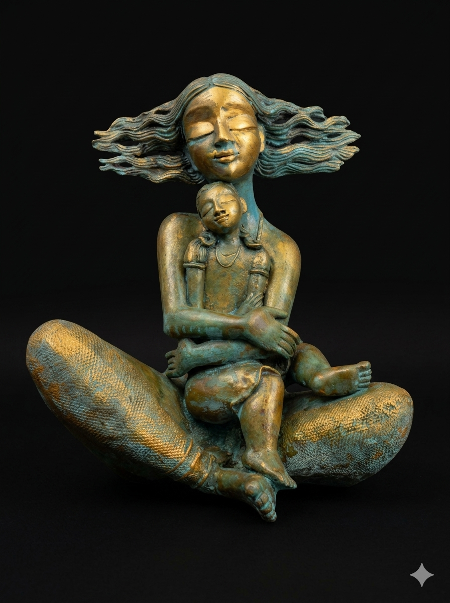P. Gnana mother and child sculpture; mother is enveloping child in lap 