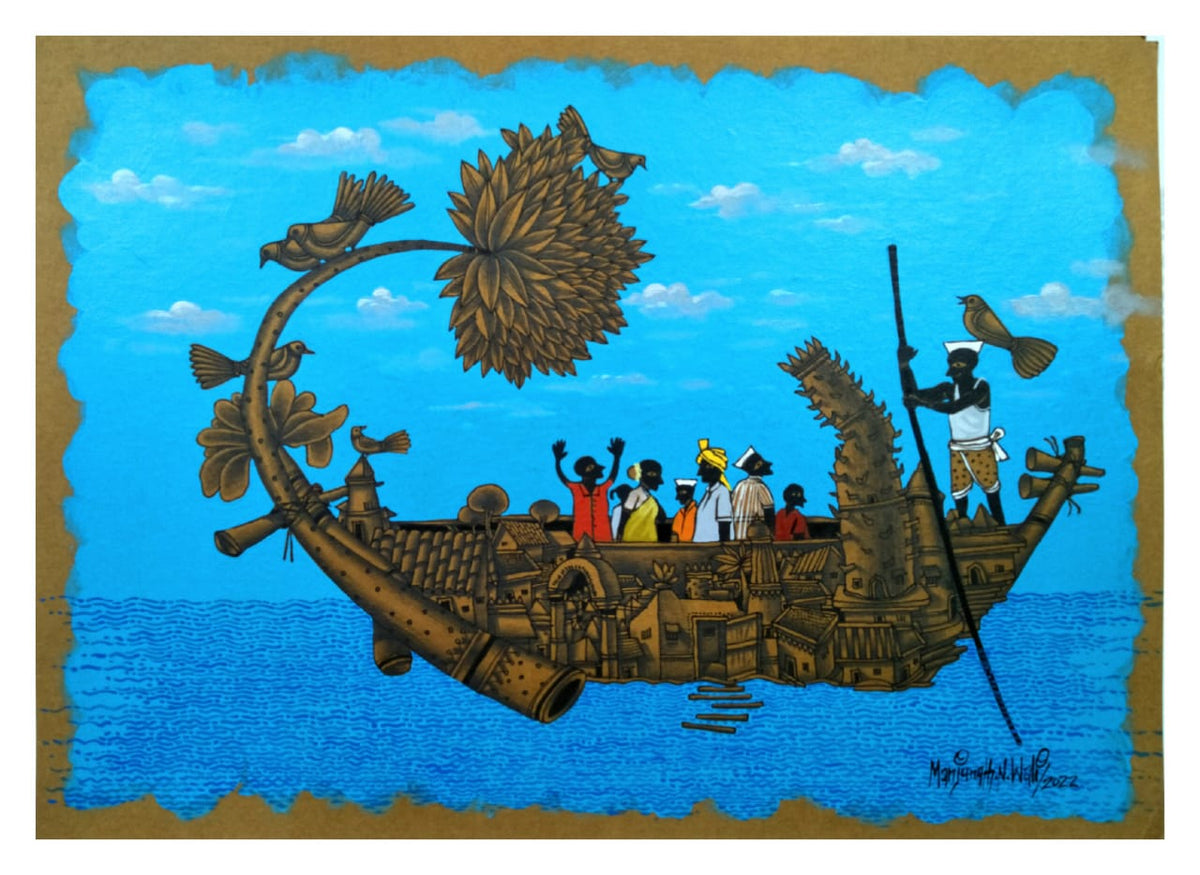 Manjunath portrays a boat carrying villagers across myriad blue ocean. The Villagescape details including the architecture of temples and houses of village are buetaifully captured in the body of boat.
