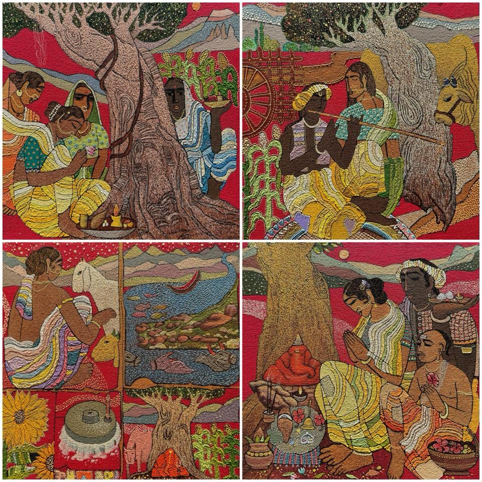 Siddharth Shingade Captures village folk in a series of four miniataure artworks. Four interesting narratives weaved into one artwork.   