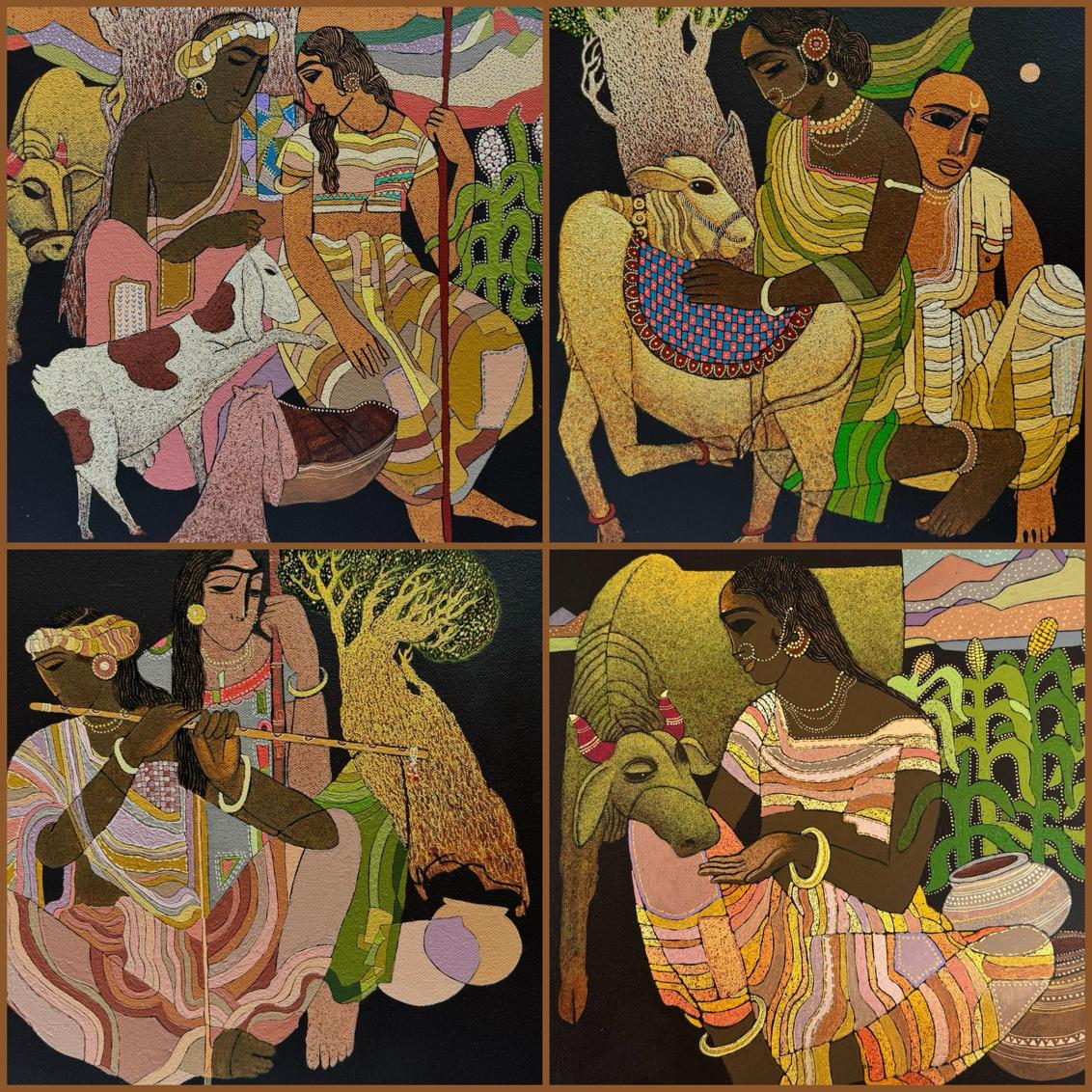 Siddharth Shingade Captures village folk in a series of four miniataure artworks. Four interesting narratives weaved into one artwork.   
