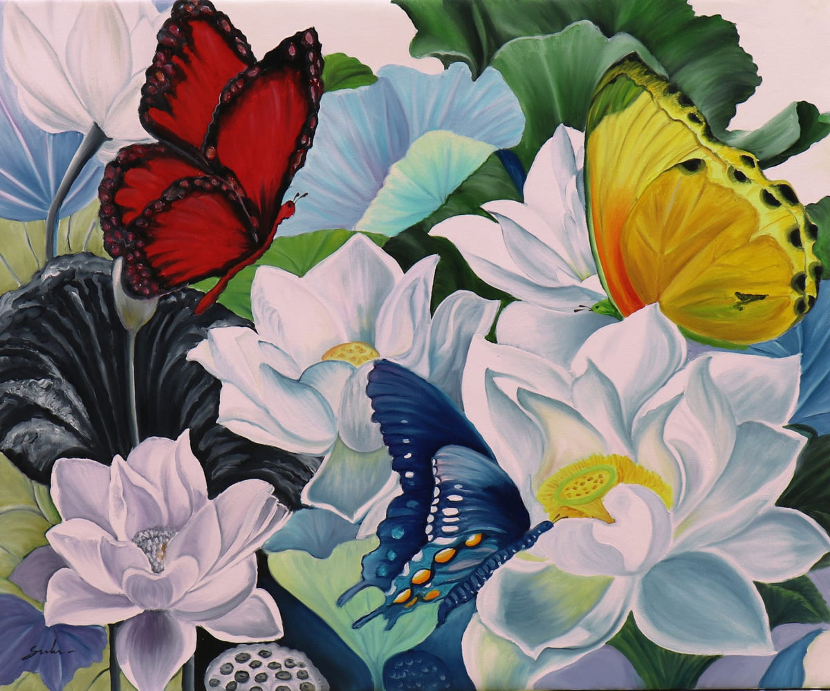 Sulakshana Dharmadhikari paints nature in full glory with butterflies fluttering on flowers and lush foliage,
