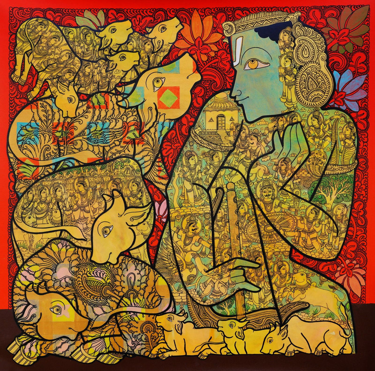 A stunning red and gold tones work with Krishna and hos cows by artist Ramesh Gorjala