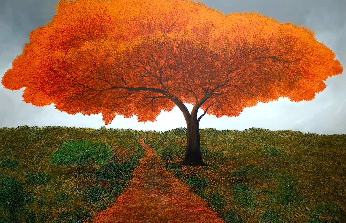 A solitary burnt orange-hued tree stands in a green grassy field, with leaves falling and rustling upon the grass.