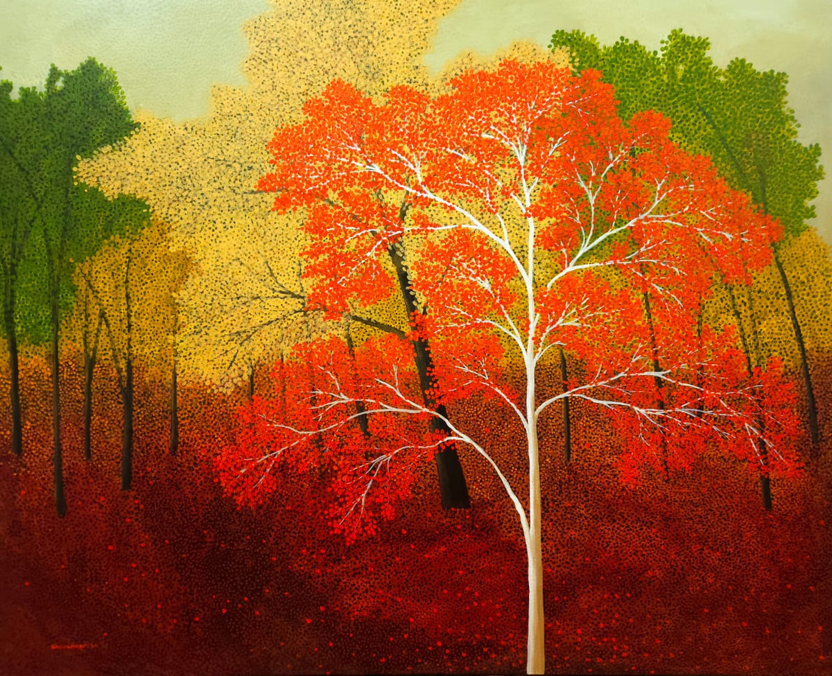 Artist Shuvankar composes a forest in its full orange and red hued glory as trees transition to autumn