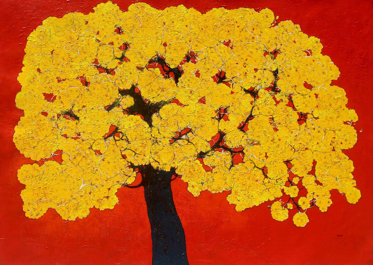 Bhaskara Rao Botcha Creates a stunning effect with a fiery yellow blossoming tree in full glory set against a striking red background. The artist creates mesmerising works with texture play.