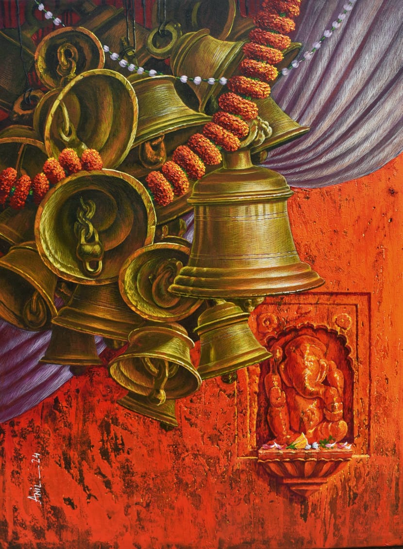 A bold hued artwork reminiscent of our scared ways of life with quintesstinal temple symbols like Bells, marigolds and Indian deities carved in walls. Artwork by Anil Yadav. 