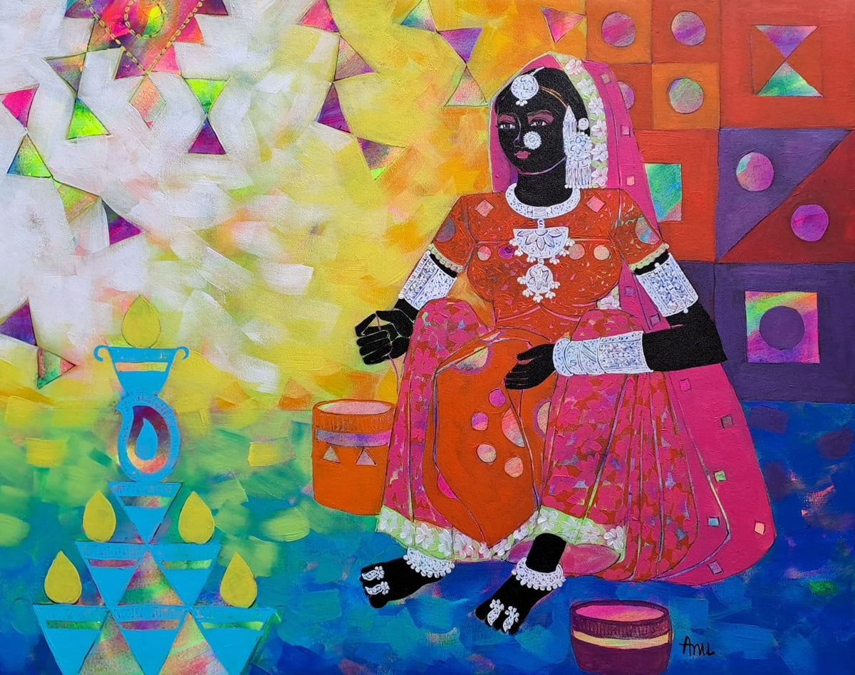 Artwork by Anuradha Thankur featuring a graceful tribal woman set against a colorful abstract background. 