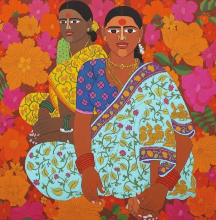 Dr. Laxman Aelay's artistic narrative of Poolamma , the embodiement of the female as a flower. Composed in this artwork is a native woman of Telangana seated against a backdrop of floral art.