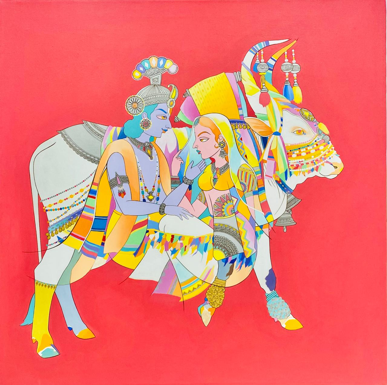 Mohammed Osman depicts Radha and Krishna within the body of Nandi in this canvas  Painting.