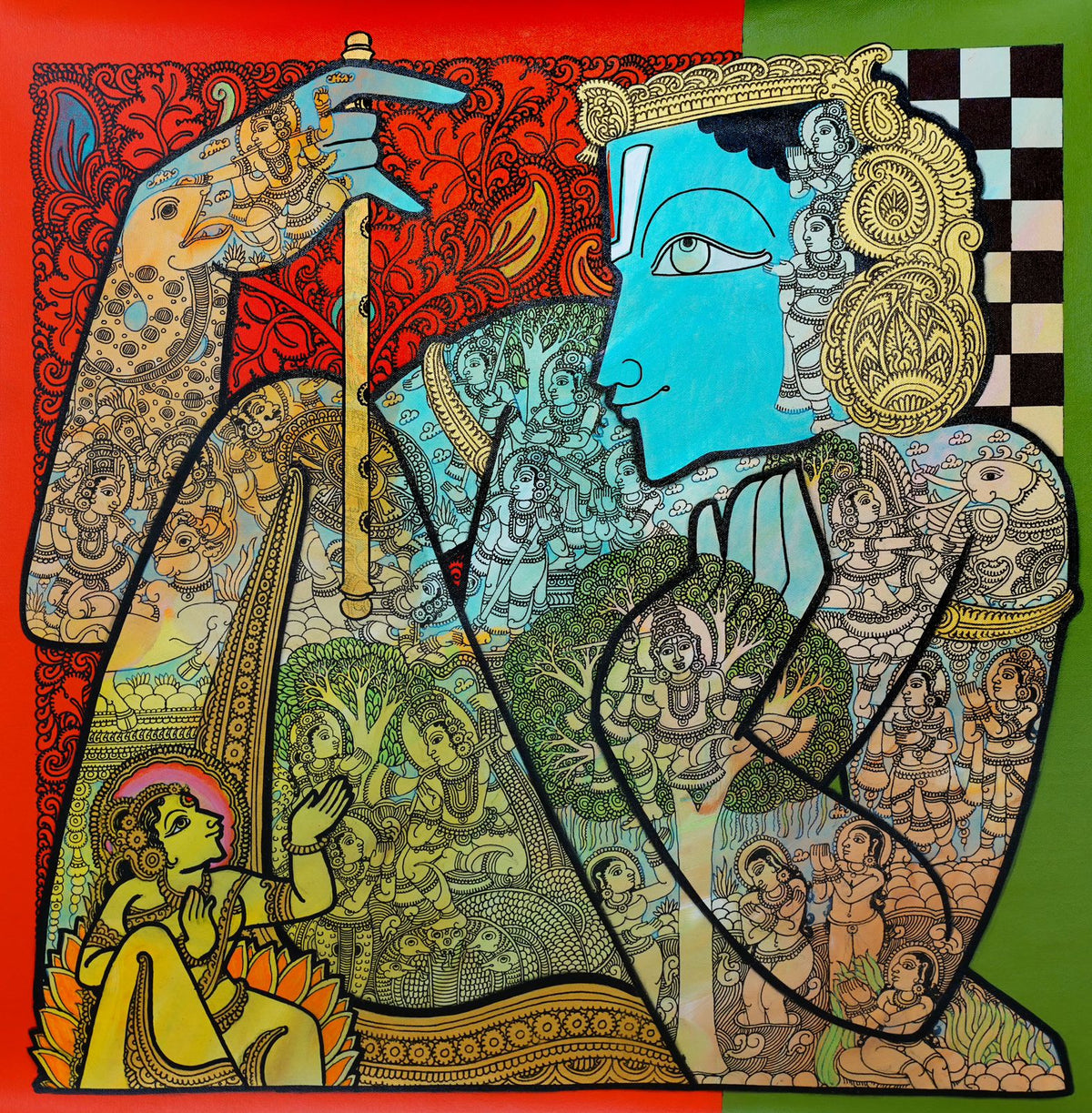 Lord Krishna fine art painting by Ramesh Gorjala in red and green tones with Kalamkari style.