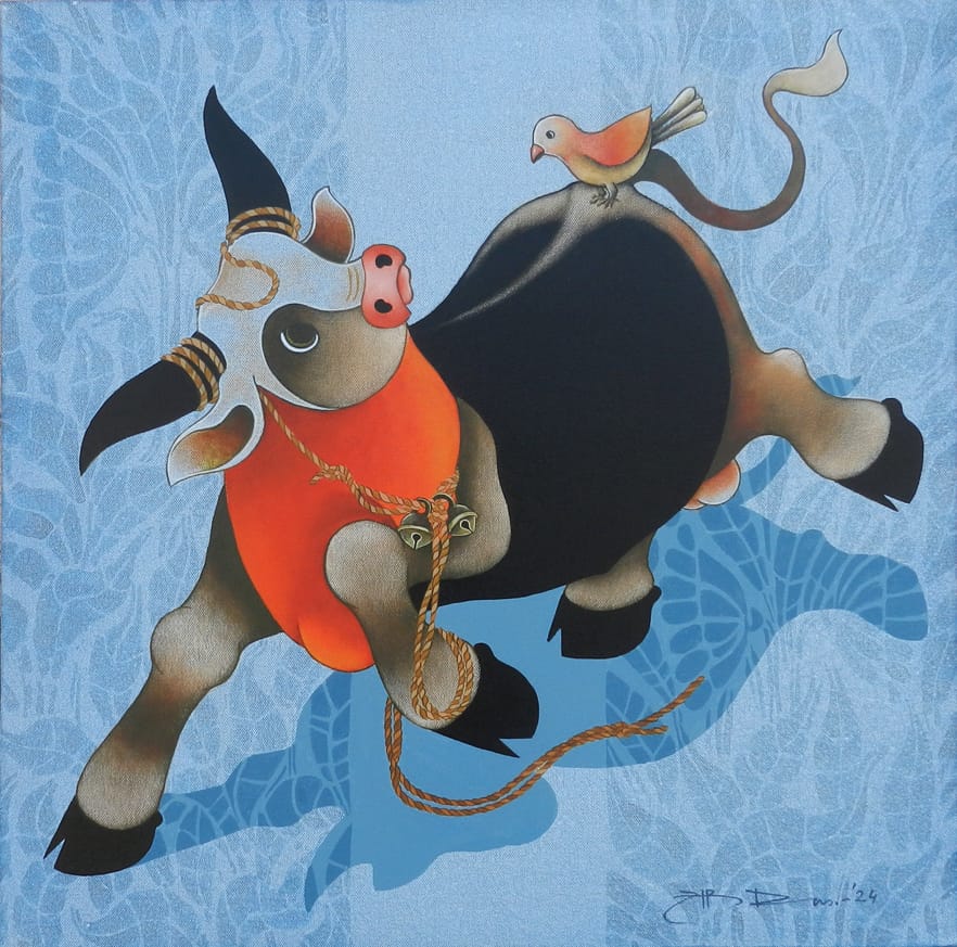 Artist H R Das  depicts his siganture bull with a bird perched on top.