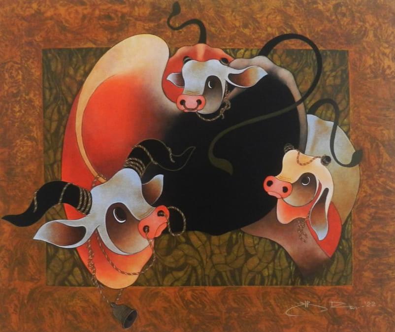 Artist H R Das  depicts his accalimed bull family. Original painting. 