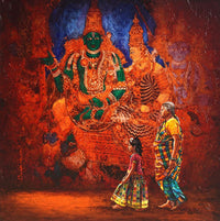 Siva Balan acrylic painting of women devotees walking past temple mural walls.