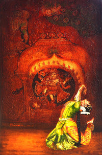 South Indian Painting: dancer poses in traditional attire and bows in front of God.
