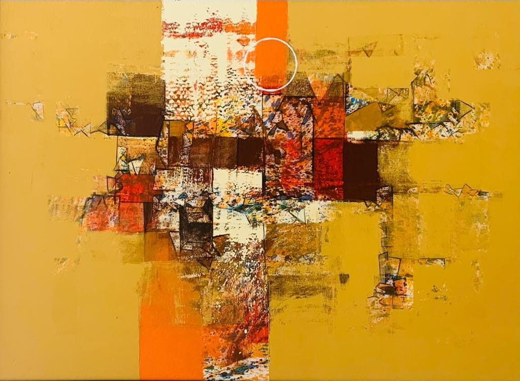 Stunning abstract by PJ Stalin in earthy hues. The artist creates composition with earthy brows and burnt oranges against an ochre yellow backdrop.