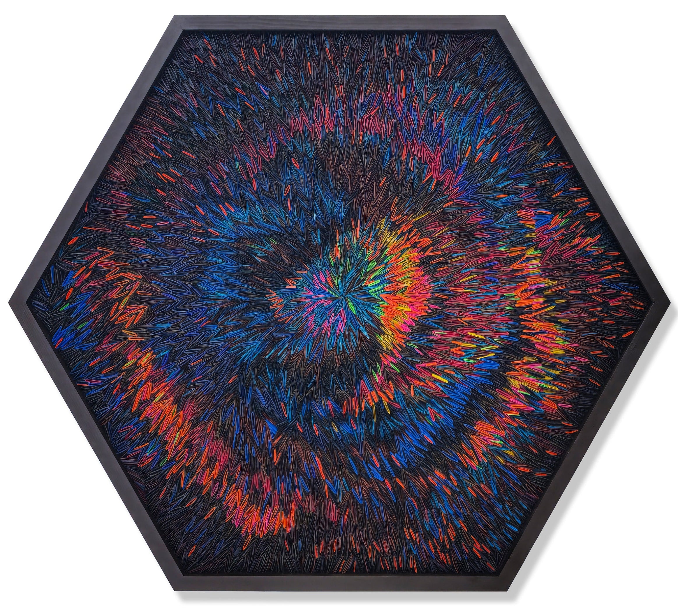Suresh P Kumar hexagonal mixed media artwork with abstract paper cut patterns.