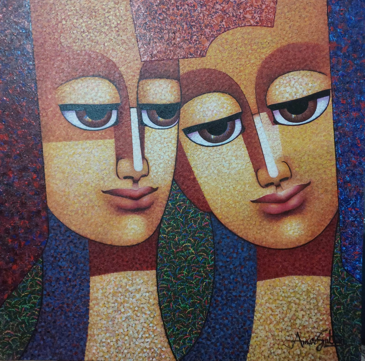Amar Sultan original canvas painting A Shared Horizon II depicting couple portrait on blue and green background