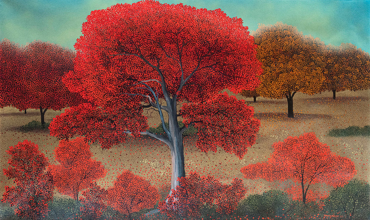 Large horizontal red tree nature landscape painting under azure sky by Shuvankar Maitra