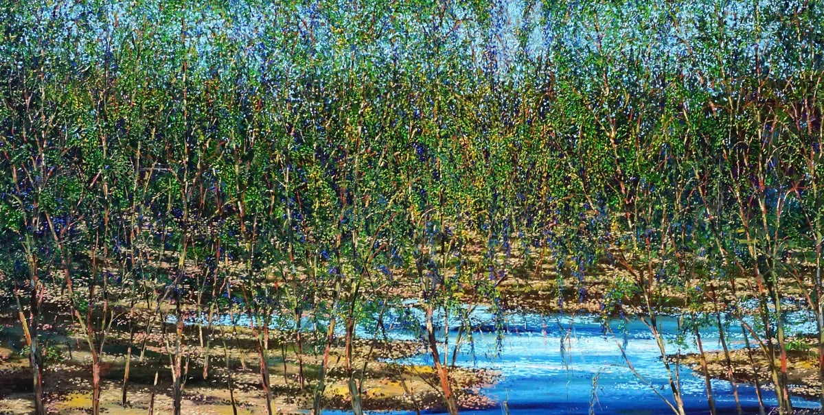 Pardeep Singh’s oil on canvas featuring a canopy of trees surrounding a water body. Titled: Forest II