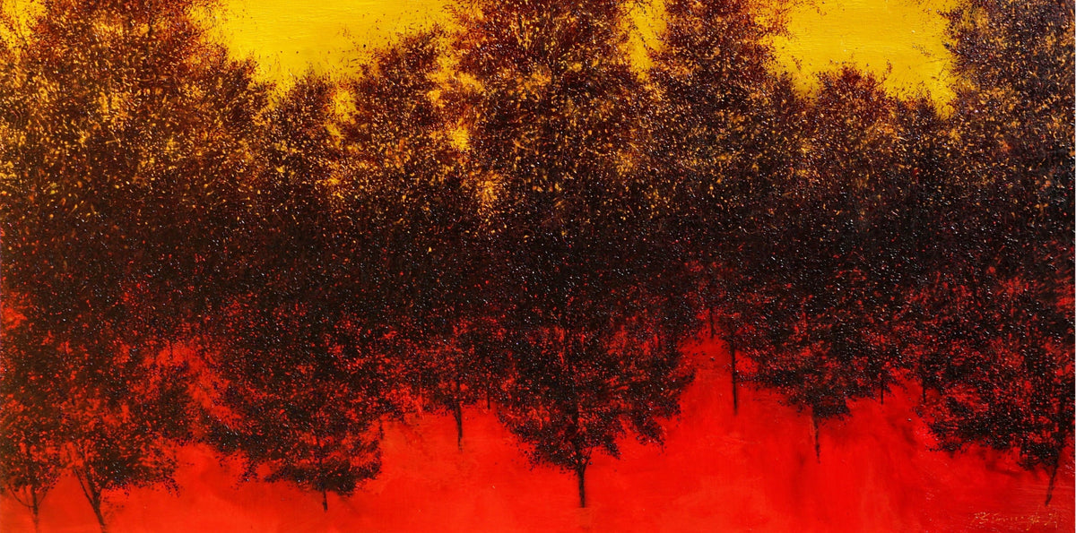 Artist Pardeep Singh creatures a beautiful forest cover using bold colors of yellow and red to portray dusk against a thick canopy of trees. 