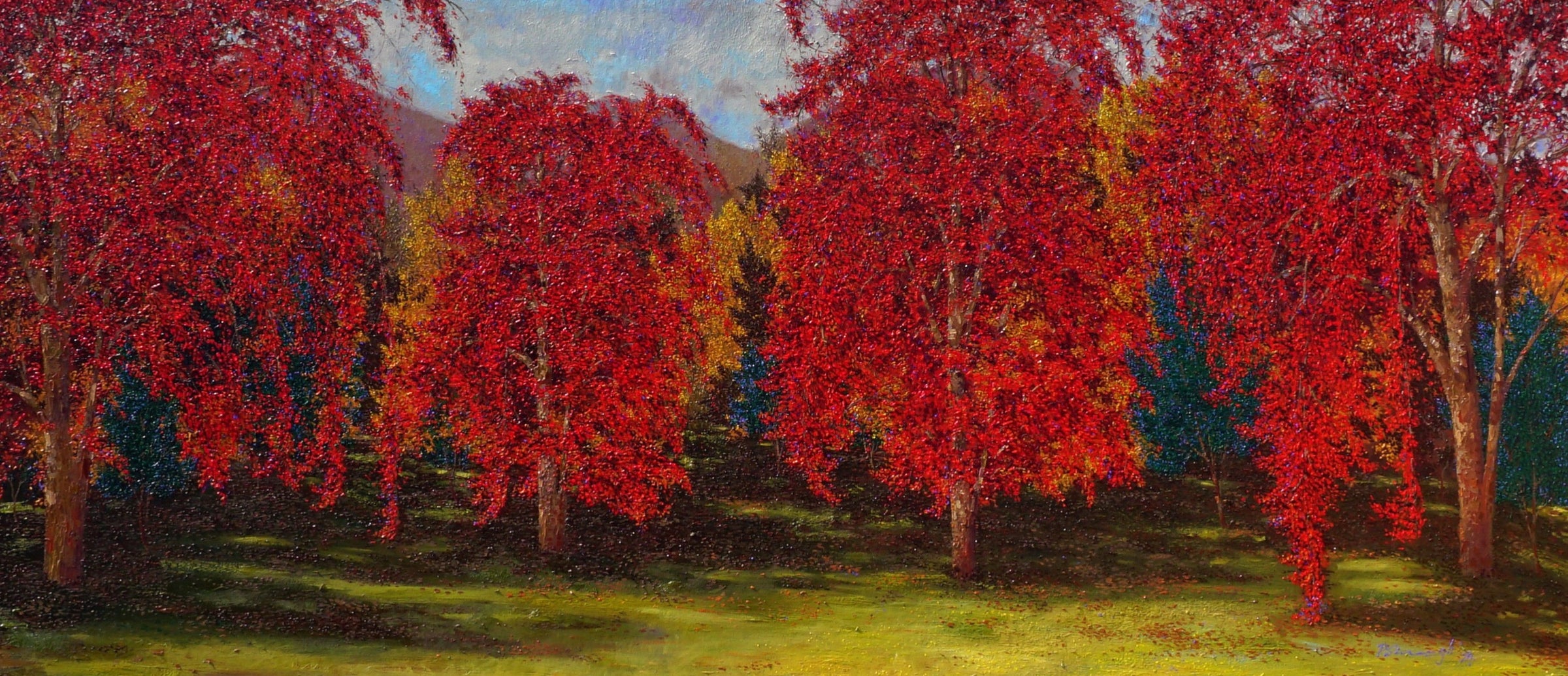 Pardeep Kumar paints the fall with four Chinaar trees reminding  one of his holiday in hill  memories.