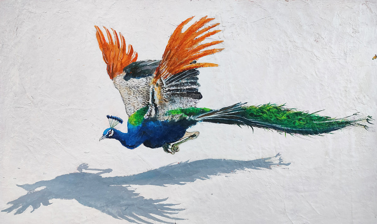 Vibrant peacock painting on canvas in blue and turquoise tones.