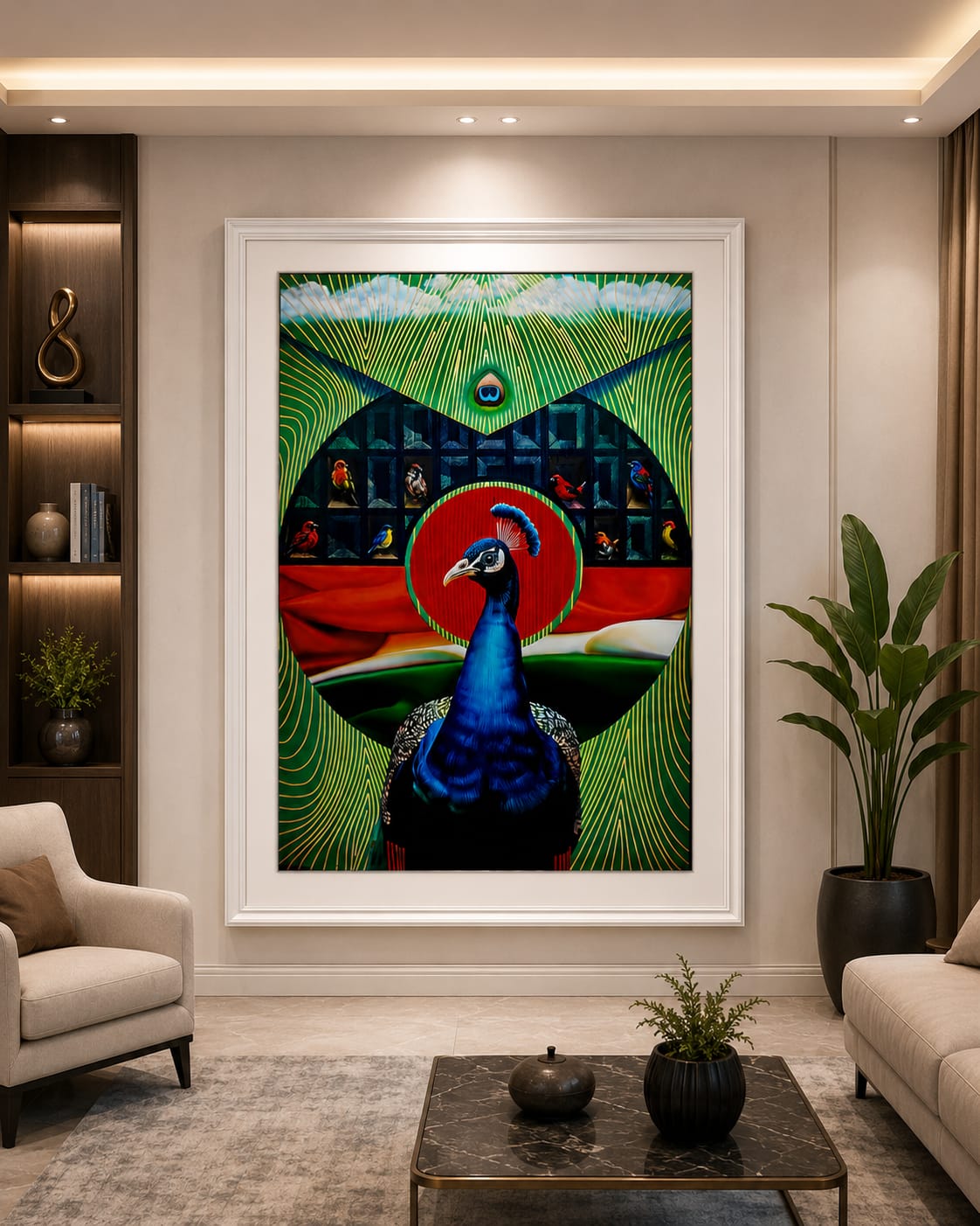 Large peacock bird art painting by Abid Shaikh styled on a feature wall in a modern living room