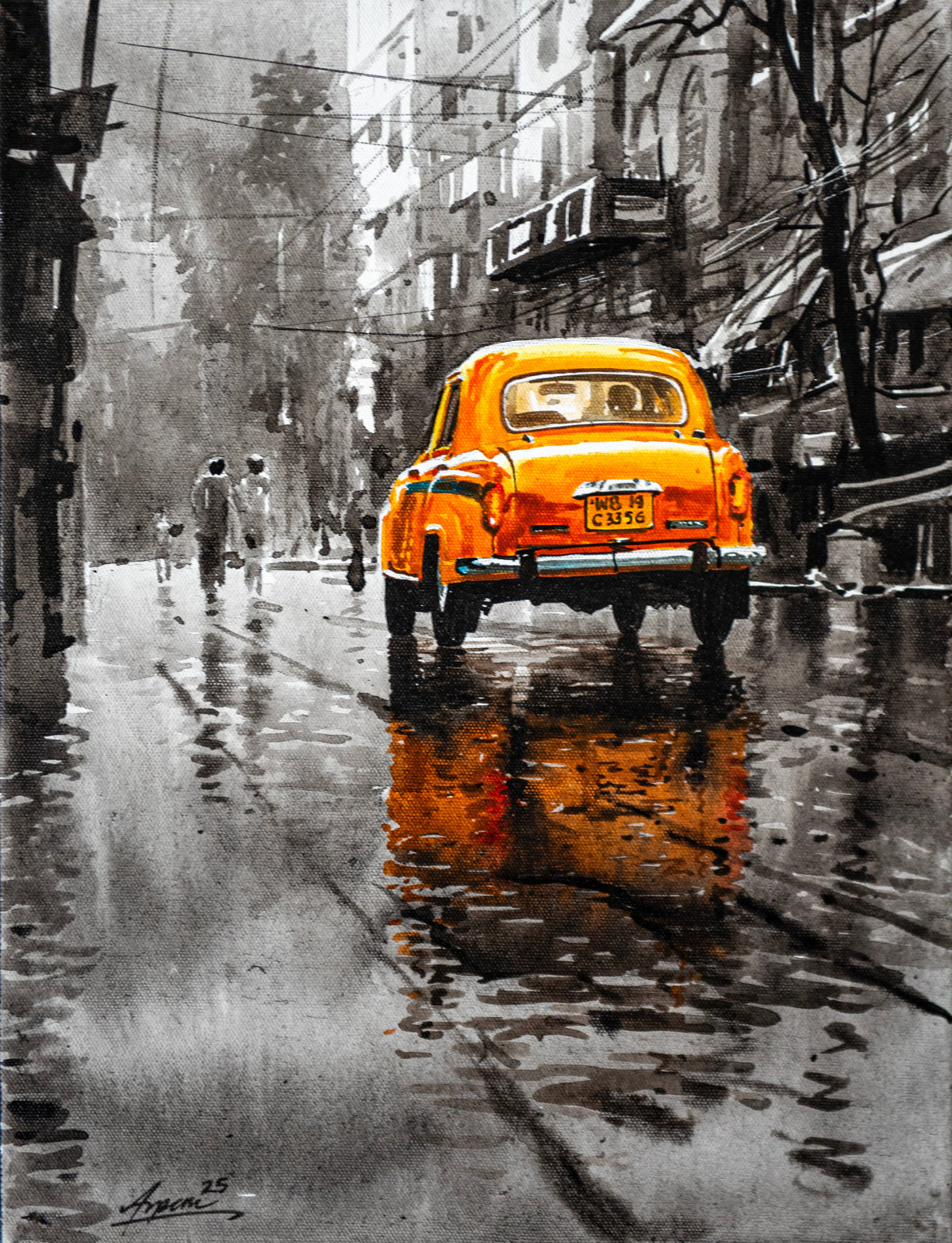 Peeli Taxi Kolkata streetscape painting in monochrome with yellow cab pop by Arpan Bhowmik