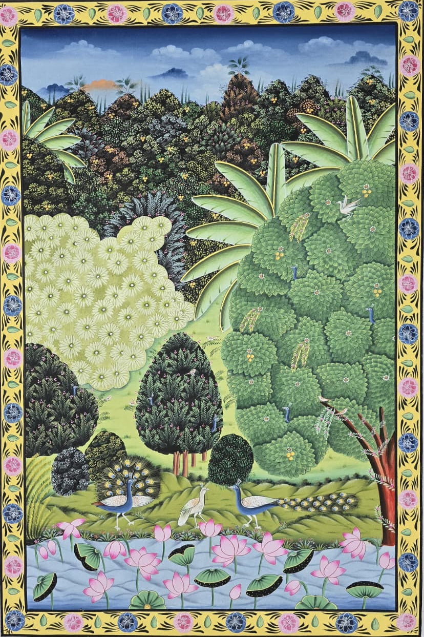 Pichwai featuring lush forests with a lotus pond in foreground.