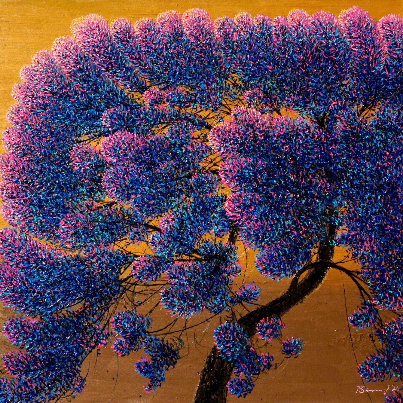 Nature painting: tree with pink and purple foliage on a gold background