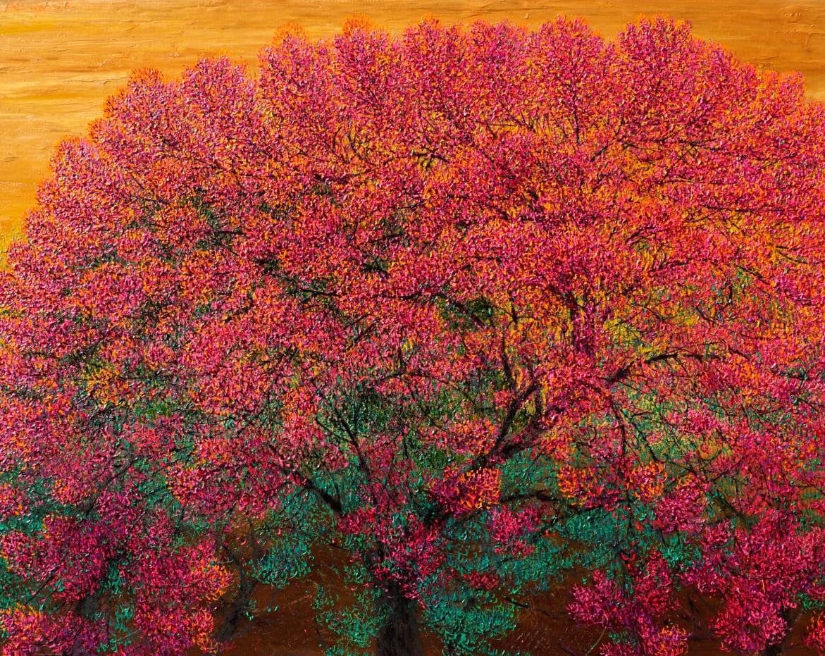 Tree oil painting of a vibrant pink blossom canopy against an amber sky.