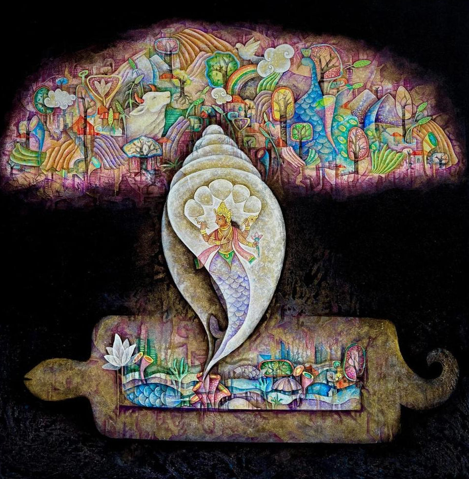 Pooja Mhatre Indian miniature painting 'Divine Incarnation' depicting Lord Vishnu and Kurma avatar holding Mount Mandara.