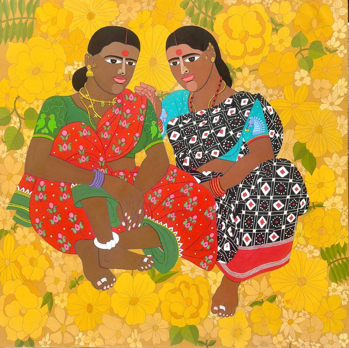 Indian figurative painting of Two Telangana women with yellow floral backdrop by Dr Laxman Aelay.