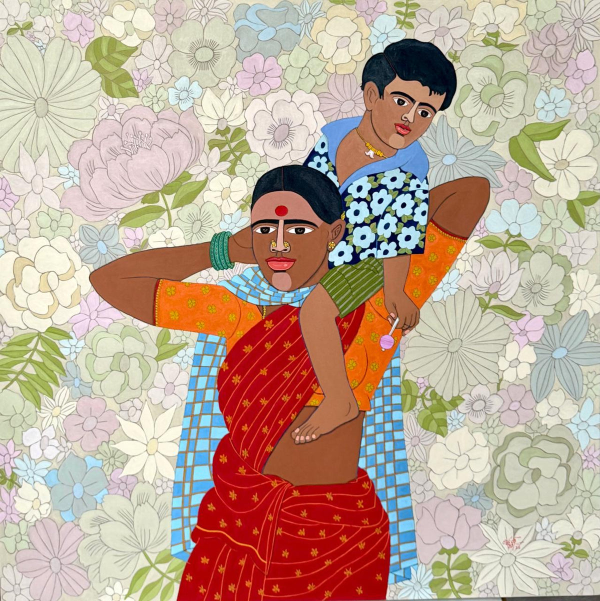Indian mother and child painting by Laxman Aelay; Poolamma series on white floral canvas. 