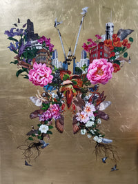 Butterfly nature golden art painting with entwined city and nature.