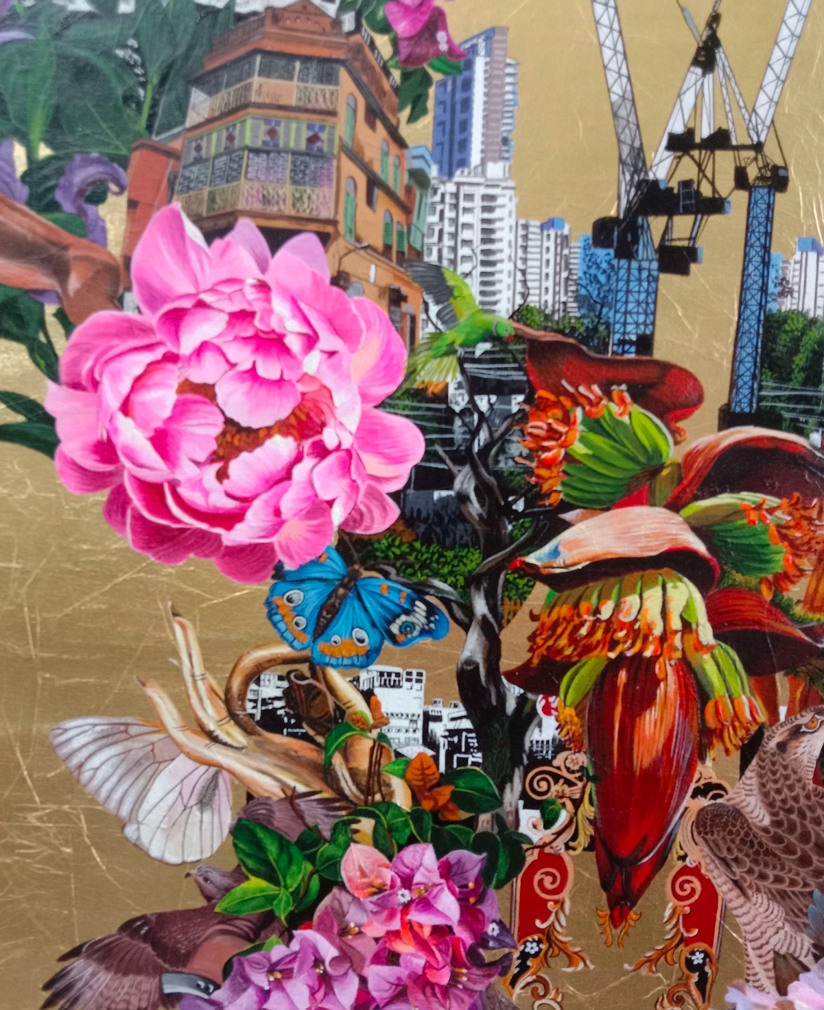 Painting close up: flowers, butterflies, and cityscape with buildings and cranes.