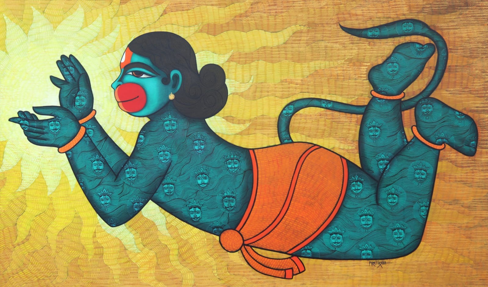 Pratiksha Bothe contemporary charcoal and acrylic Hanuman painting features young Hanuman flying towards the sun.