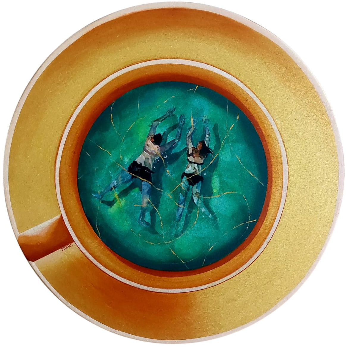 Purvi Parmar circular painting of a couple swimming in teacup waves - Quirky modern Indian fine art for luxury interiors