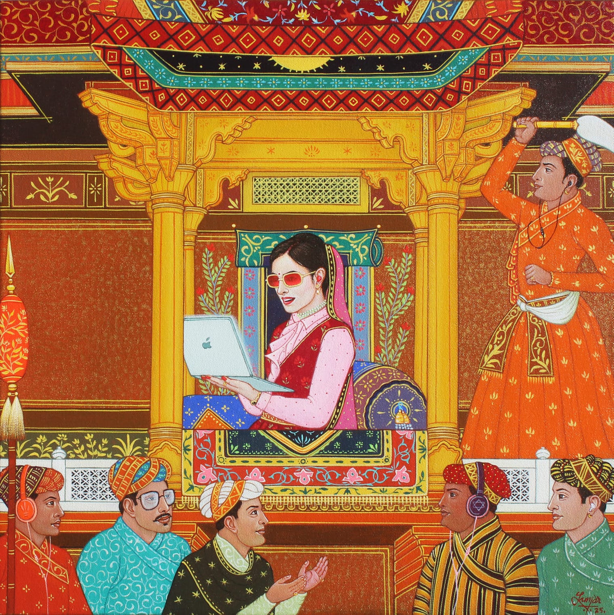 Small modern painting of a Mughal queen with laptop in a royal court.
