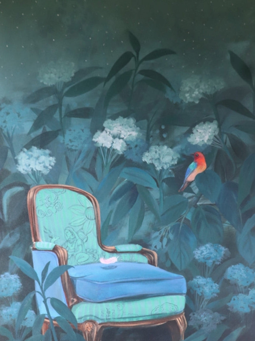 Painting of an armchair in a garden with flowers and a bird forming backdrop.