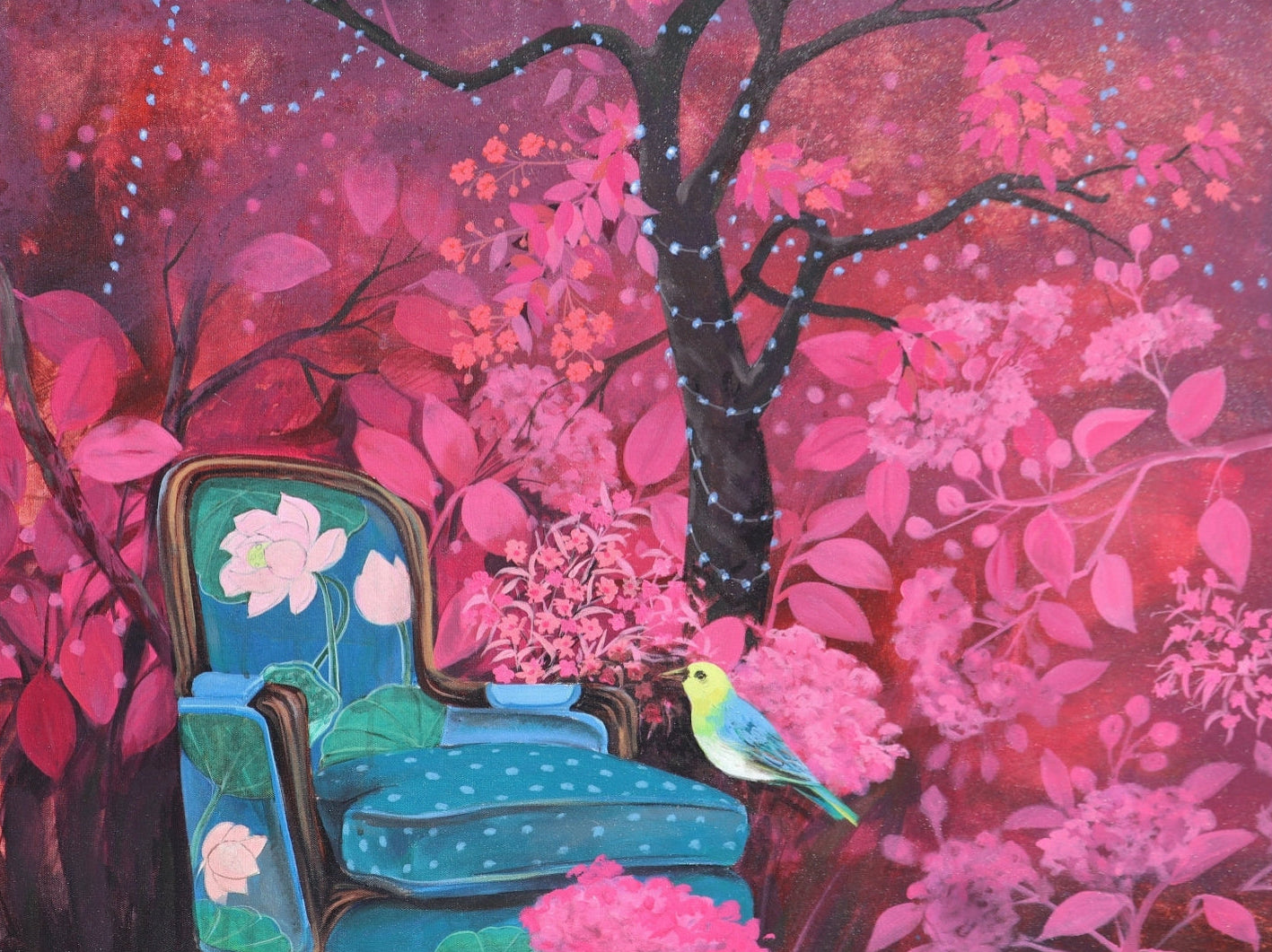 Colorful armchair [painting with floral patterns in a pink forest setting.