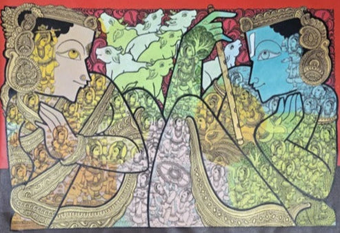 Lord Radha Krishna Painting by Ramesh Gorjala. Krishna holds his flute as cows surround the couple in painting. 