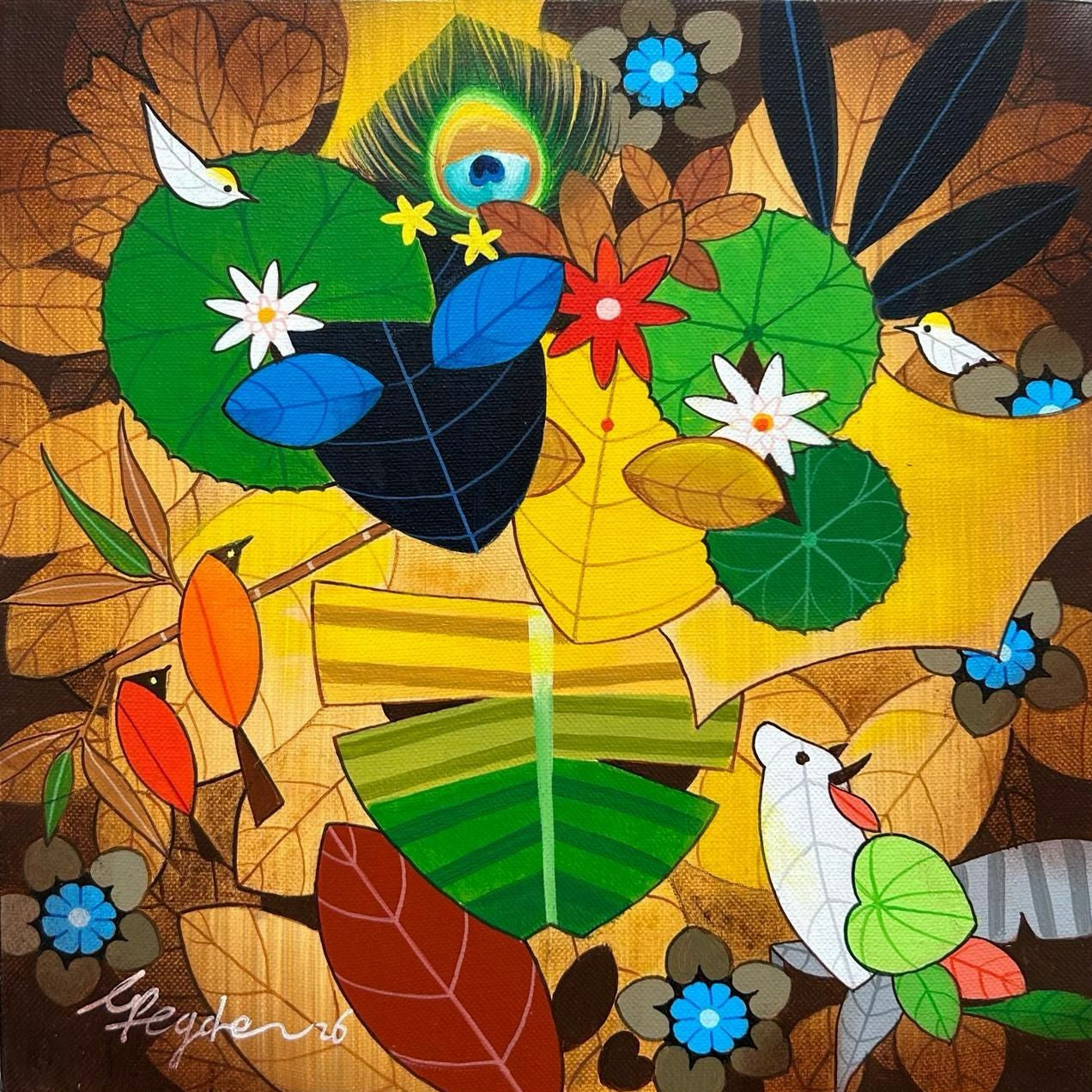 Contemporary art depicts spirituality in nature; Radha Krishna forms emerge from nature in an oil painting as a cow looks on.