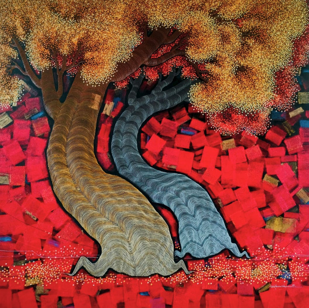 A textured tree canvas painting by Rahul Dangat features a gold tree with golden-brown drops on an abstract red backdrop.