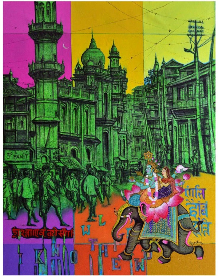 An eccentric and pop artwork featuring old era architecture of a city against a bustling backdrop of people rushing wit their routines and the quintessential Indian elephant being ridden by a Godly figure and his queen.