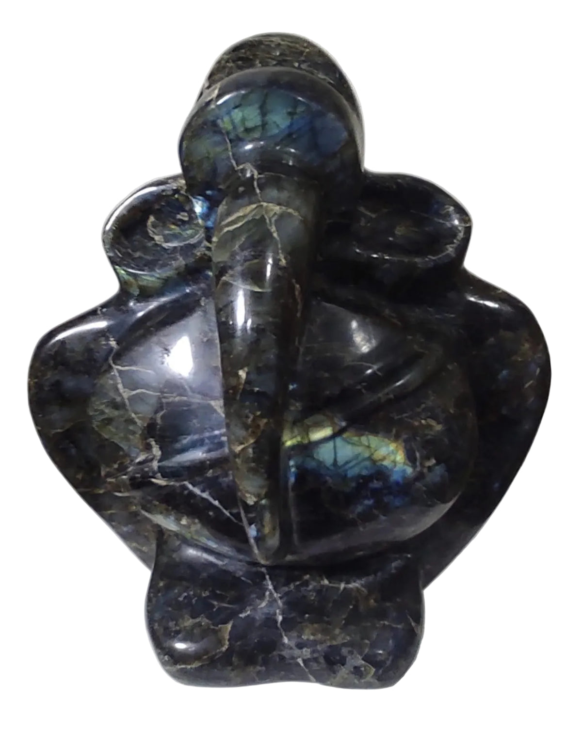 Ram Bali Prajapati hand-carved labradorite gemstone Lord Ganesha sculpture showing iridescent blue green mineral flashes.