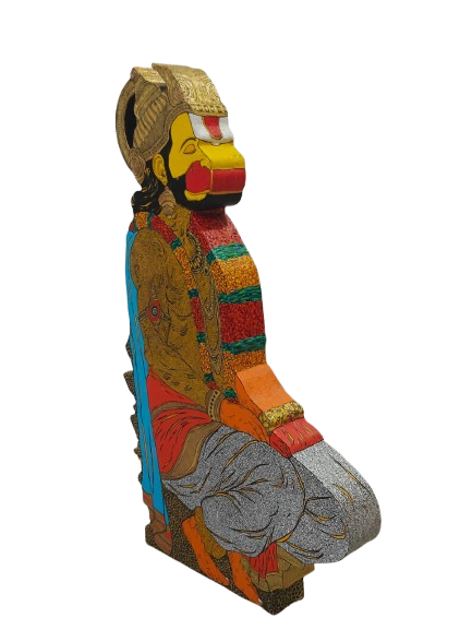Side hand painted detail of meditating Hanuman wooden sculpture by Ramakrishna Vasanthula.
