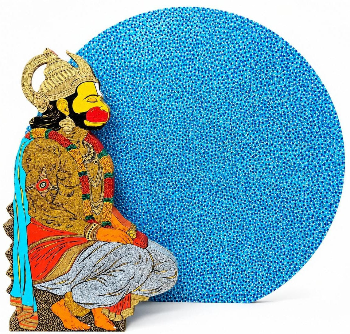 Ramakrishna Vasanthula hand-painted wooden sculpture of Lord Hanuman against a bright blue moon.